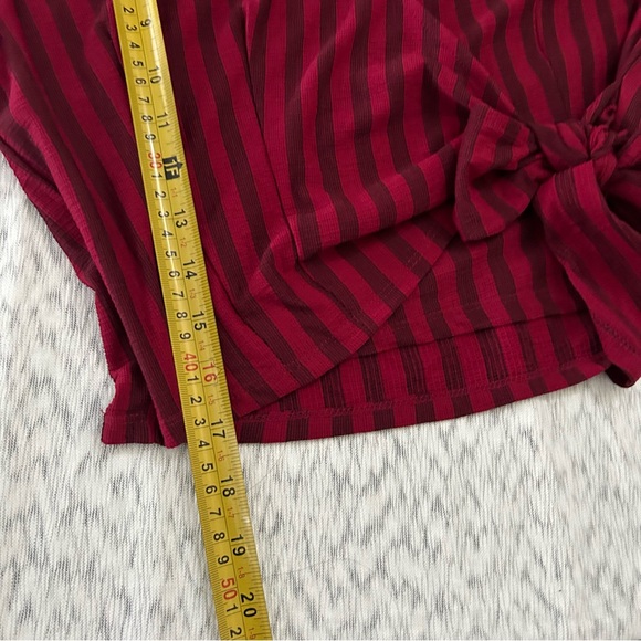 Chocolate USA Wine Red Striped Tie-Front Faux Wrap Top Long Sleeve Crop Shirt S - Picture 8 of 9